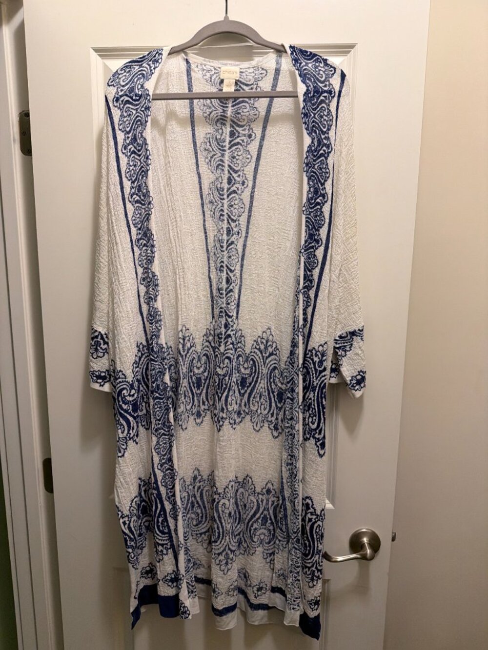Chico's Paisley Textured Long Open Front Duster Cardigan 16 (Chico's Sz 3) Boho